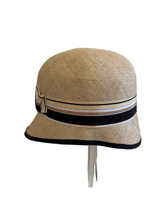 Louise Green Beige Straw Hat With Black & Striped Ribbon Accent USA Deadstock main image 4